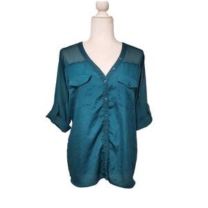 Daniel Rainn Women Teal Button Down Long Roll-tab Sleeve Blouse Size XSmall